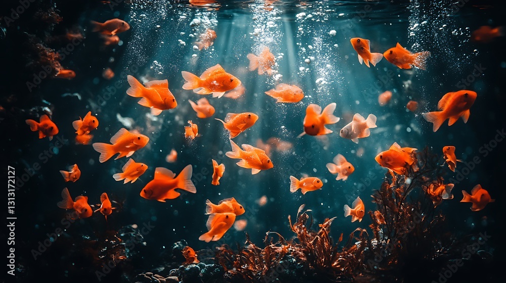 A large group of orange fish swim in the ocean depths A large group of orange fish swim in the ocean depths