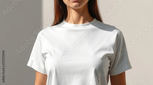 Wallpaper Mural A white mockup t-shirt on a woman's body, face unseen. Strong, hard light casts direct, harsh shadows on the garment. Emphasis on the form and texture of the shirt Torontodigital.ca
