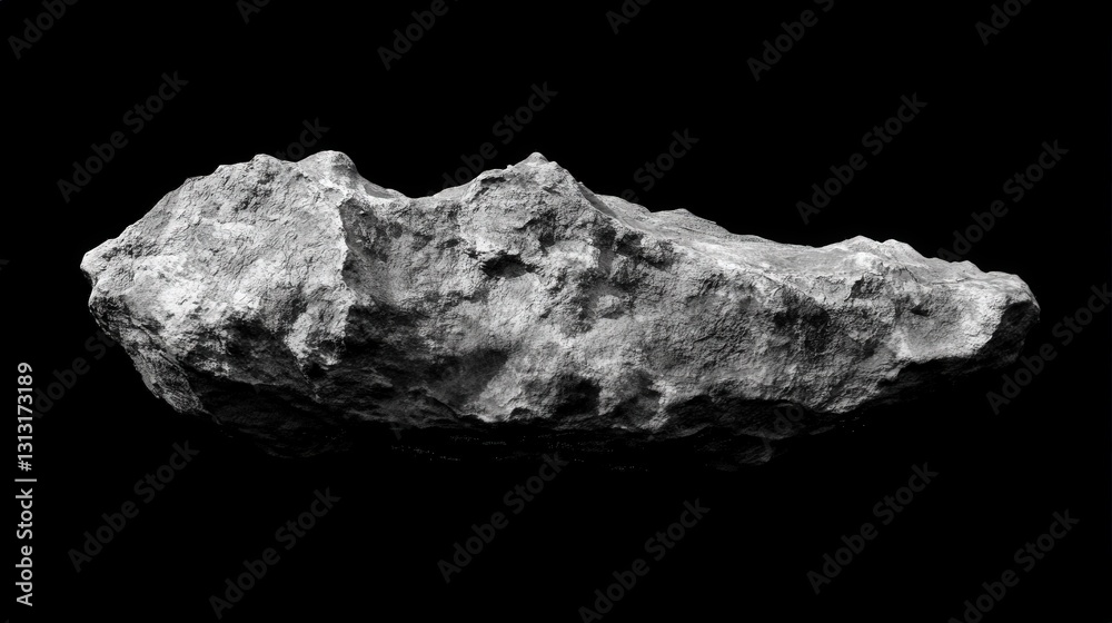 Fototapeta premium Celestial Stone Fragment: A close-up, high-contrast monochrome photograph of a rough-hewn stone fragment against a stark background.