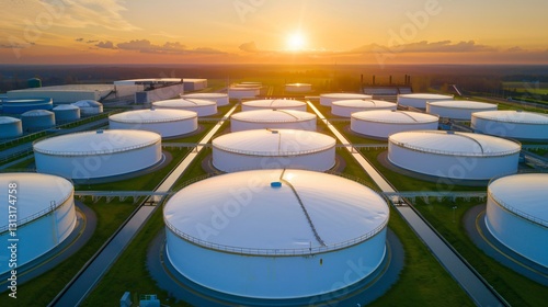Large hydrogen storage tanks in an industrial renewable energy plant, green fuel infrastructure, clean energy hub