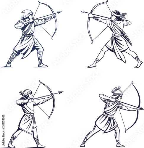 Warrior Archer Illustration Ancient Fighter with Bow and Arrow.