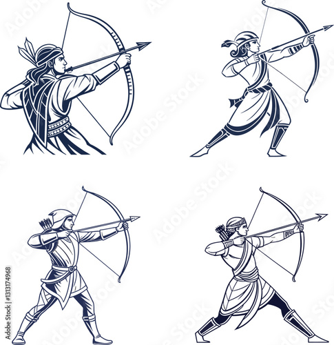 Warrior Archer Illustration Ancient Fighter with Bow and Arrow.