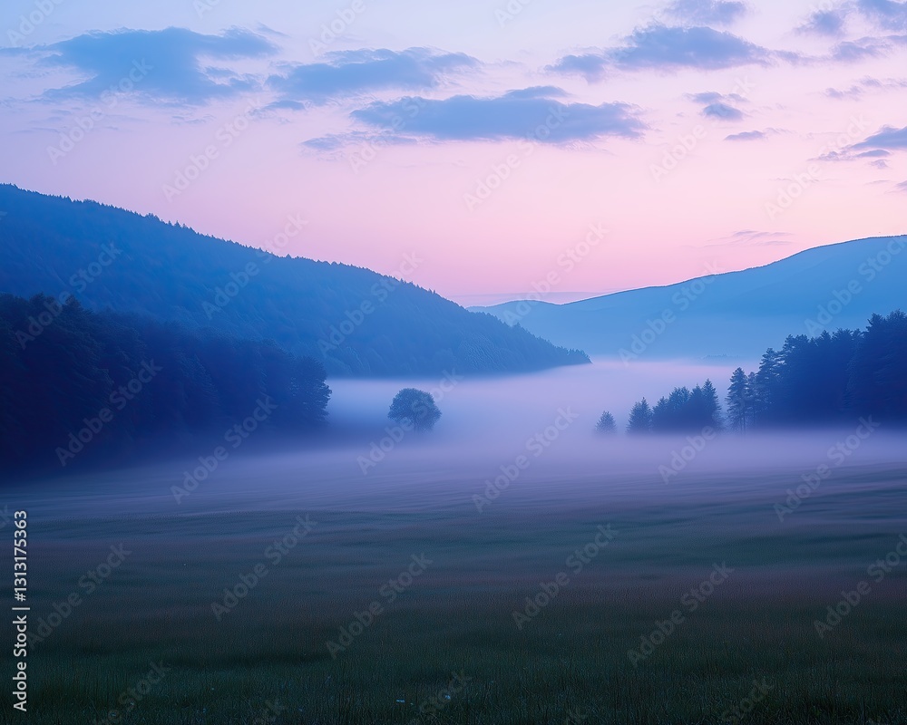 Fototapeta premium circulation fog mist Serene morning mist in tranquil valley landscape.