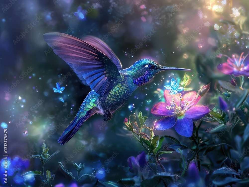 A vibrant hummingbird with iridescent wings gracefully hovers near a bright flower, creating a dreamy atmosphere with scattered sparkles. A vibrant hummingbird with iridescent wings gracefully hovers near a bright flower, creating a dreamy atmosphere with scattered sparkles.