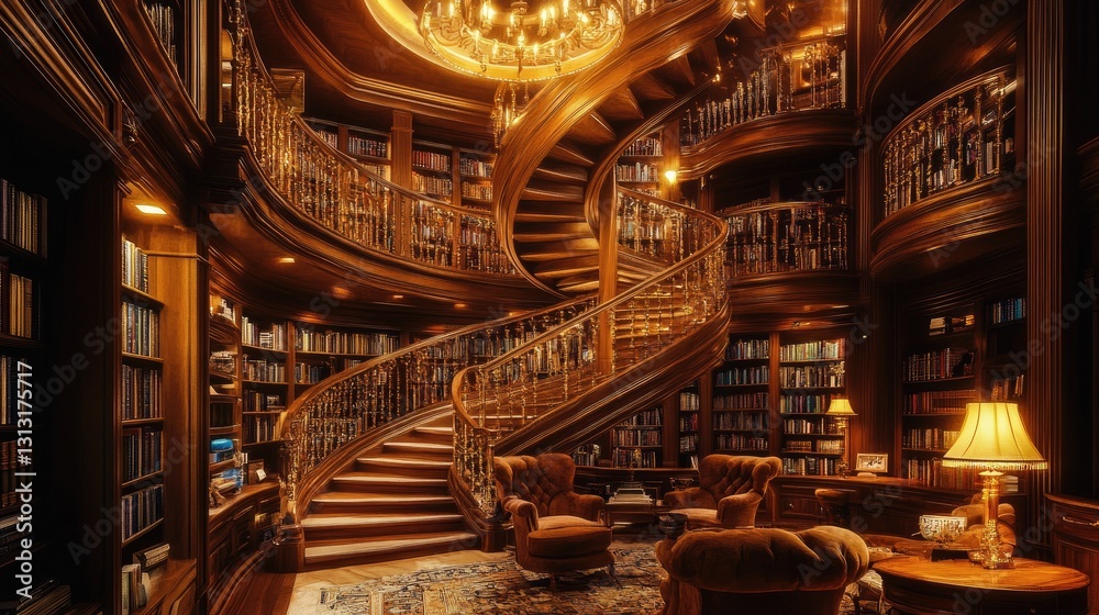 Elegant and Luxurious Grand Library with Spiral Staircase and Cozy Reading Area in Warm Lighting
