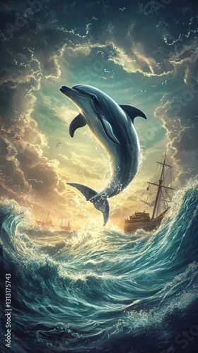 Fototapeta na wymiar A Playful Dolphin Jumps High Above The Rough Ocean Waves