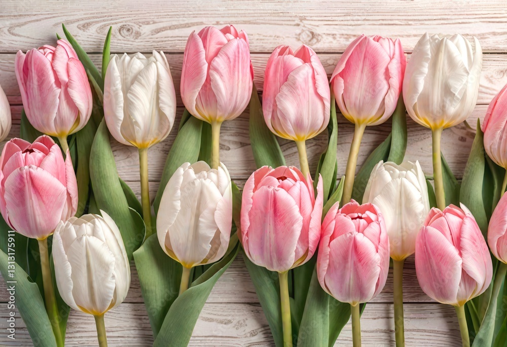 Fototapeta premium Light pink tulips flowers on wooden background,