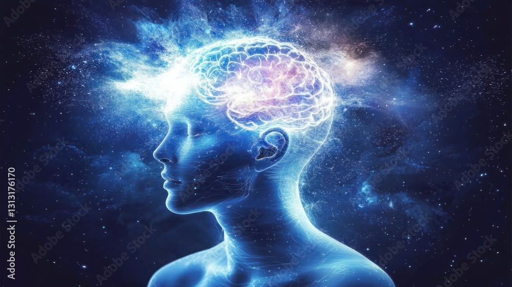 Obraz premium Ethereal Human Silhouette with Glowing Brain Amid Cosmic Background
