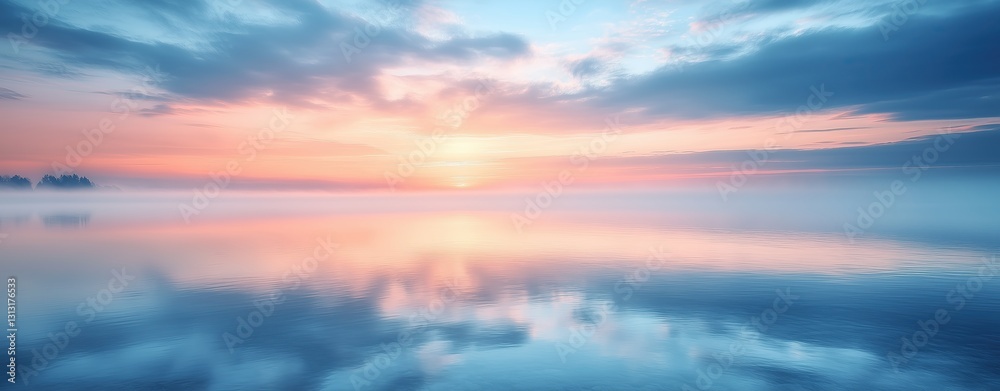 Fototapeta premium circulation fog mist Serene sunset over calm water with reflections.