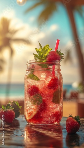 strawberry mojito in an artisan glass mason jar