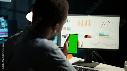 Wallpaper Mural Financial manager doing accounting work on pc with chroma key screen, examining expenses for legal analysis at home setup. African american advisor working on reducing monthly costs. Camera A. Torontodigital.ca