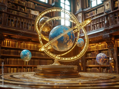 Astronomical Orrery: A celestial display of planets orbiting a central world, set against a backdrop of knowledge and discovery.