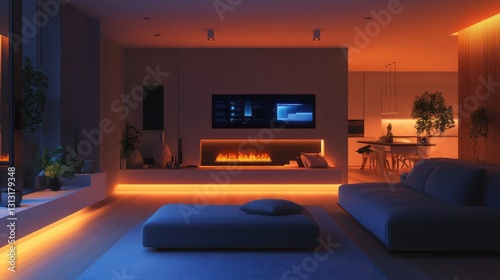 Modern living room with ambient lighting and cozy atmosphere featuring fireplace and contemporary furniture in evening setting