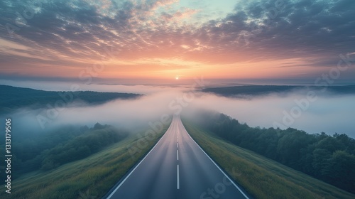 circulation fog mist A serene road through misty hills at sunrise.