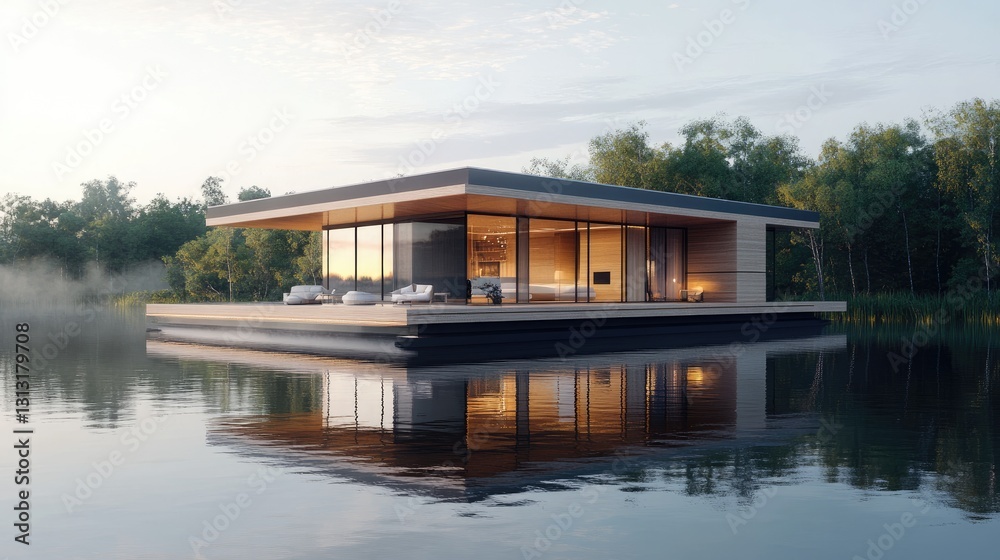 Modern Floating House Surrounded by Tranquil Water and Lush Green Trees at Golden Hour Modern Floating House Surrounded by Tranquil Water and Lush Green Trees at Golden Hour