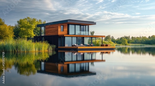 Modern Floating House on Calm Water with Lush Greenery and Beautiful Sky Reflections in Nature