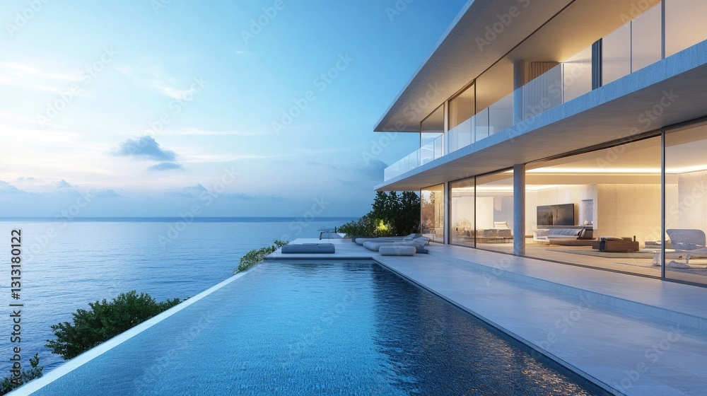 Fototapeta premium Luxurious Modern Villa with Infinity Pool Overlooking Serene Ocean at Dusk with Beautiful Sunset and Clear Sky