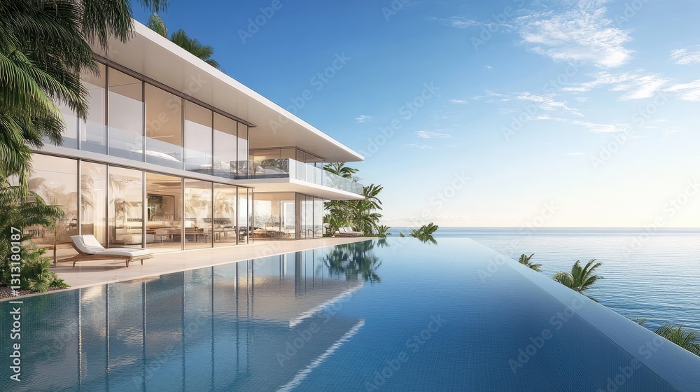 Fototapeta premium Modern luxury villa overlooking serene ocean with infinity pool and tropical landscape under clear blue skies