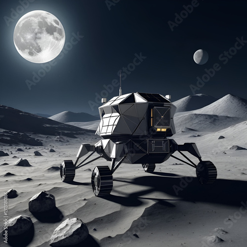 Low-poly insect-like lunar lander on a desolate planet under a full moon. photo