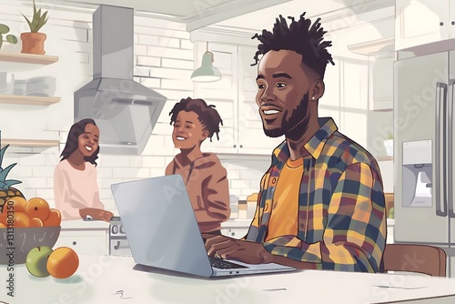 A Black man in his thirties, dressed casually and working on a laptop at home with family members behind him