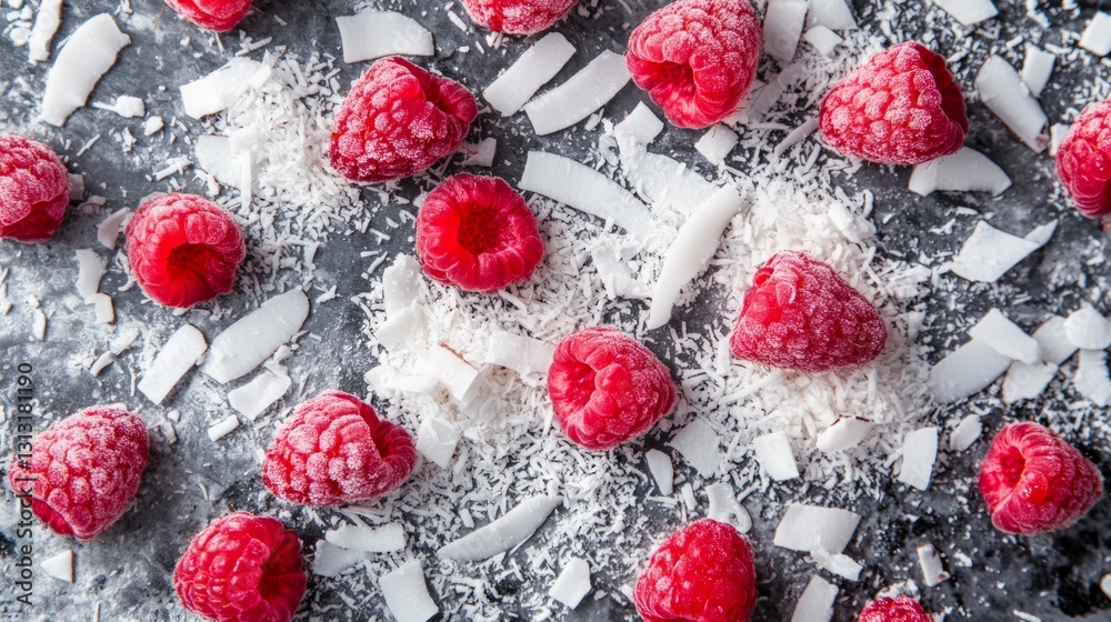 Fresh Raspberries and Coconut Flakes on Dark Background Surface Fresh Raspberries and Coconut Flakes on Dark Background Surface