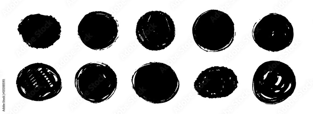 Round dried paint stains set. Textured brush stroke radial element pack. Black grunge ink circle collection. Hand drawn charcoal blobs for frame design, template, poster, banner. Vector circular spots