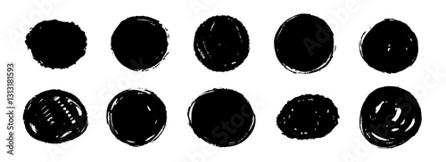Round dried paint stains set. Textured brush stroke radial element pack. Black grunge ink circle collection. Hand drawn charcoal blobs for frame design, template, poster, banner. Vector circular spots