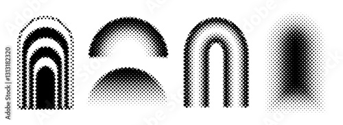 Black halftone arch set. Different pixelated gradient arc collection. Dotted pop art curve element bundle for collage, graphic design template, banner, poster. Vector comic bitmap 8 bit warp pack