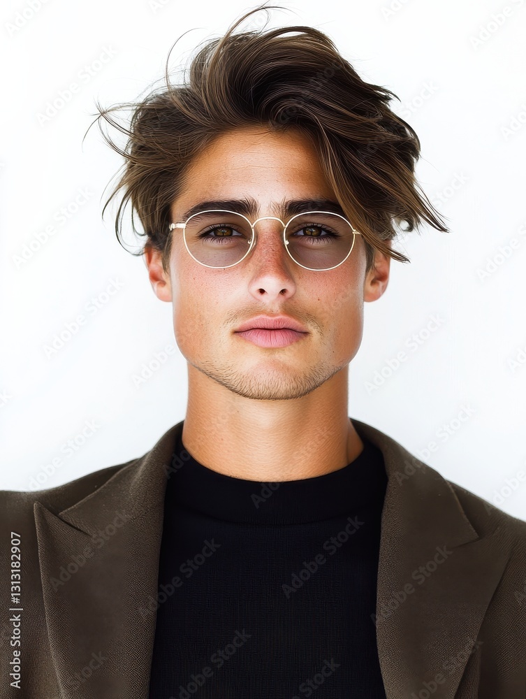 Young man with gold-rimmed glasses wearing a dark blazer and black turtleneck sweater against a plain white background Young man with gold-rimmed glasses wearing a dark blazer and black turtleneck sweater against a plain white background