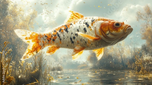 Majestic koi fish swimming gracefully above a serene pond surrounded by autumn foliage photo