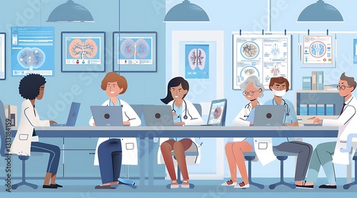 A group of doctors and nurses gathered around laptops in an office, studying online medical data
