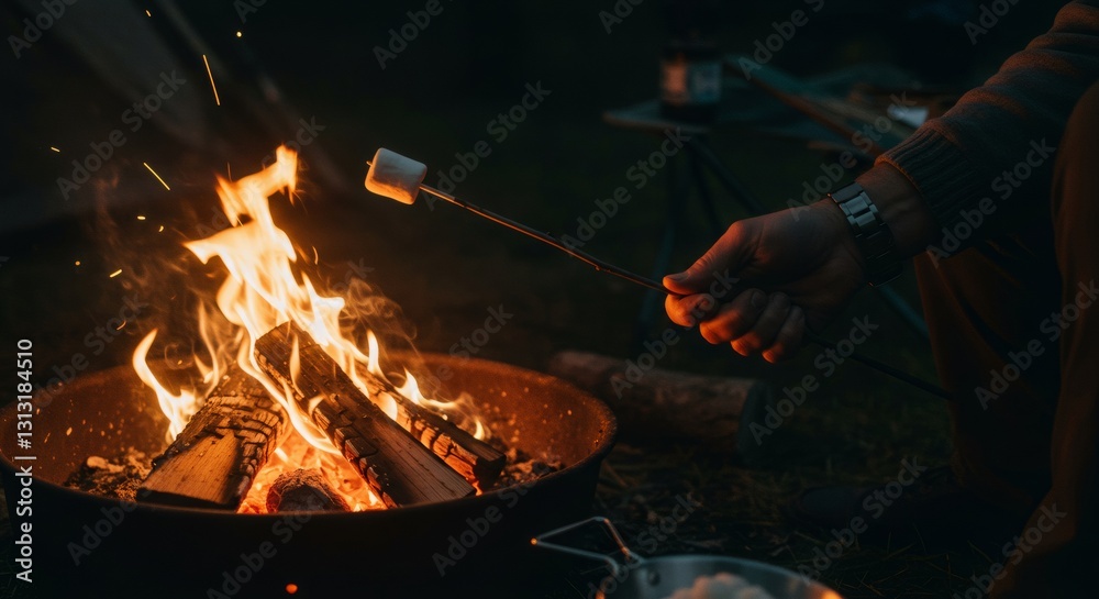 Fototapeta premium Roasting marshmallow over campfire at night. Outdoor adventure and camping experience. Cozy bonfire gathering with friends. Summer evening relaxation.