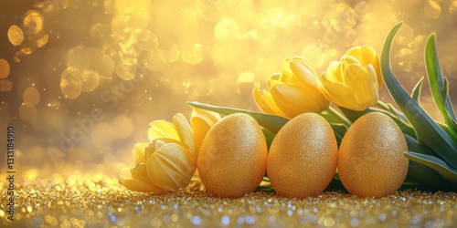 thre yellow 3D eggs stand on a yellow surface with a bouquet of yellow tulipe flowers, a festive light gold background filled with light golden bokeh, 
