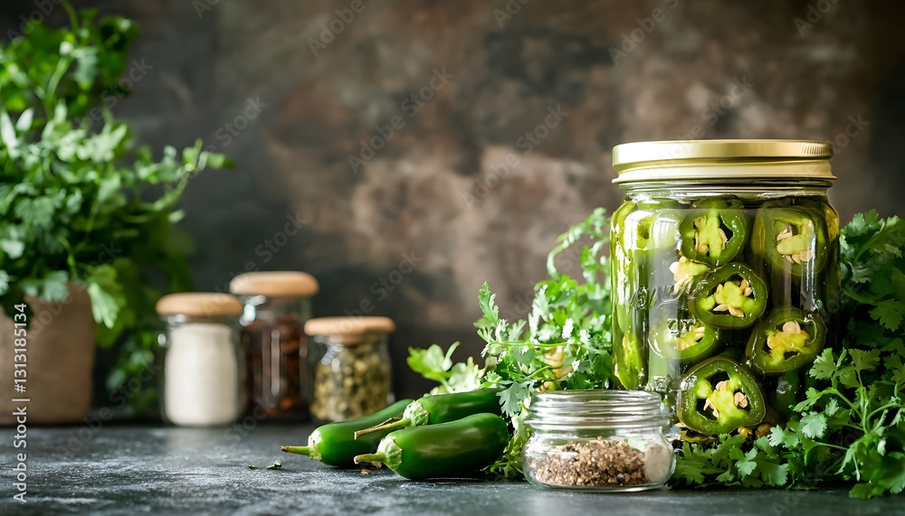 Jar of Pickled Jalapeno Peppers with Fresh Herbs
