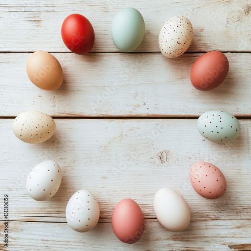 top view, easter eggs delicately painted with pastel colors with different shades of red colors. the eggs are arranged around the image the center of the image remains empty. 