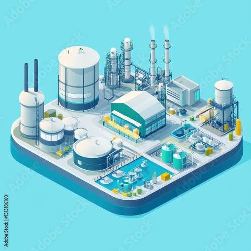 High-tech biogas plant in an isometric 3D style, featuring digital monitoring systems, gas refinement stations, eco-friendly architecture, light blue background 