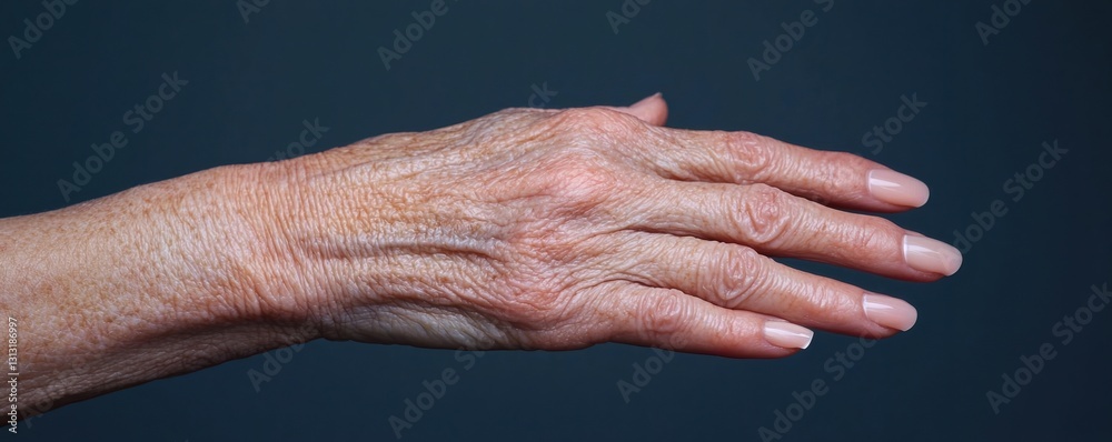Fototapeta premium Aging Research Innovation Concepts. Elderly hand reaching out against a dark background.