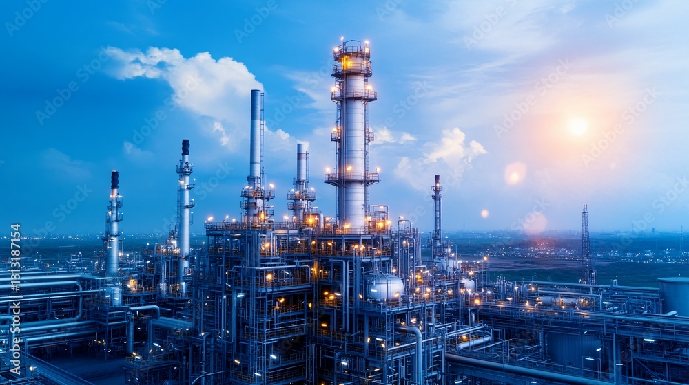 Large industrial refinery complex under a partly cloudy evening sky Large industrial refinery complex under a partly cloudy evening sky