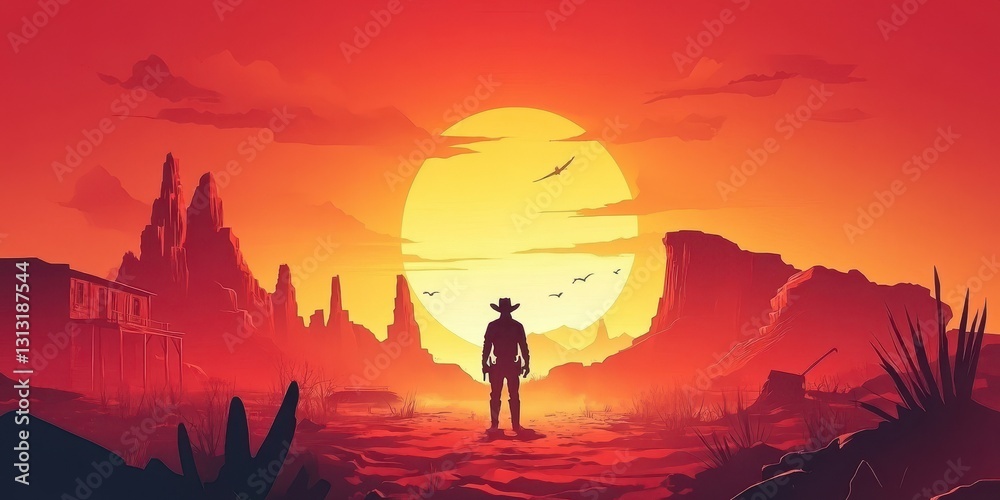 Naklejka premium A Cowboy Stands Facing Westward In A Beautiful Desert Sunset