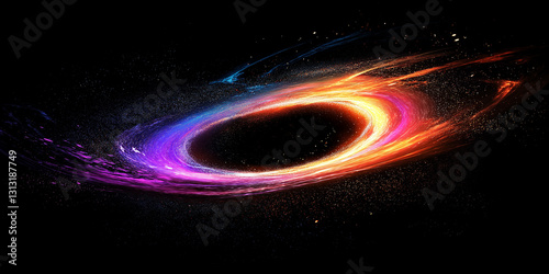 The colorful galaxy with golden and purple halos creates a mysterious and magnificent cosmic scene.