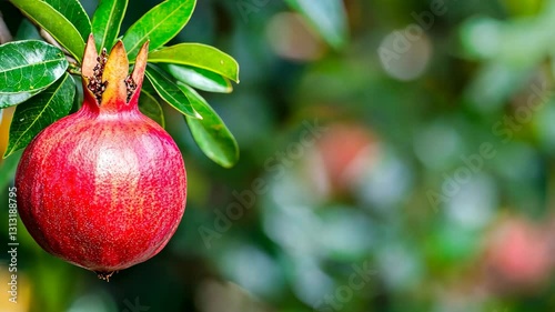 Vibrant ripe pomegranate hanging from lush green leaves on a sunny day in a garden