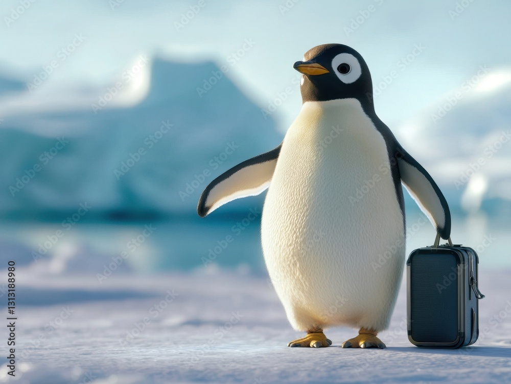 Fototapeta premium Penguin Traveler: A charming cartoon penguin embarks on an adventure with a suitcase in the icy expanse of the Antarctic wilderness.