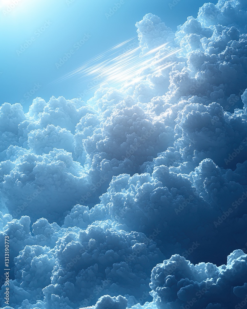Naklejka premium A vibrant blue sky filled with fluffy white clouds creates a picturesque backdrop as a sleek airplane soars gracefully through the air, leaving a trail behind.