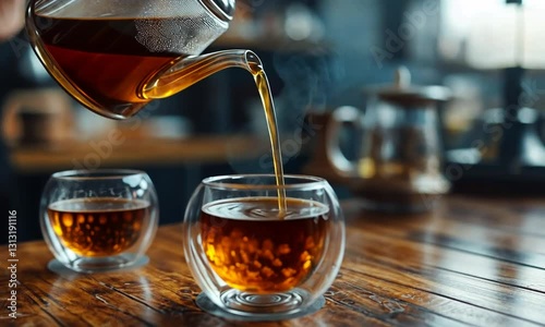 Pouring hot tea into glass cups on a rustic wooden table