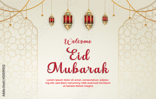 welcome eid mubarak template banner with beautiful islamic ornament with yellow background design 95
