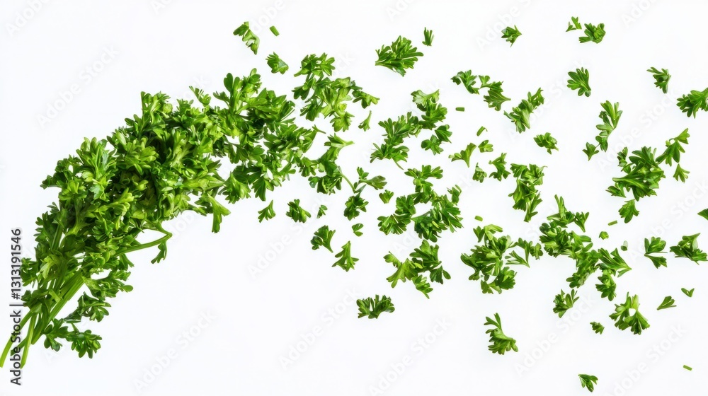 Fresh Green Parsley Leaves Sprinkling on White Background Fresh Green Parsley Leaves Sprinkling on White Background
