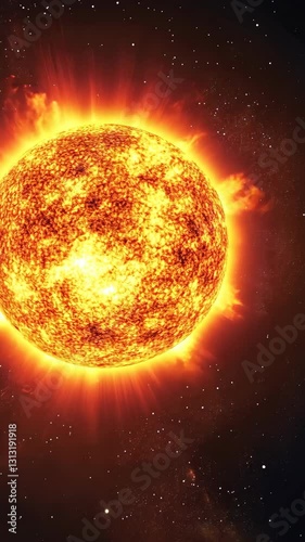 Bright and radiant sun shines in the cosmos with fiery solar flares and glowing atmosphere