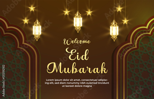 welcome eid mubarak template banner with beautiful islamic ornament with brown background design 95