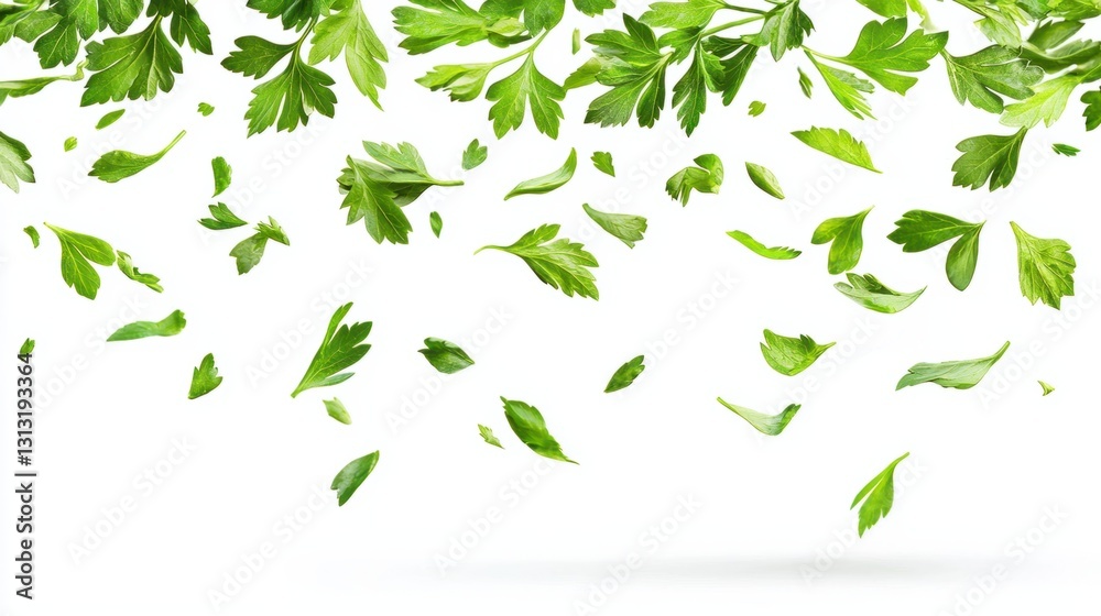 Fresh Green Parsley Leaves Falling Down on White Background Fresh Green Parsley Leaves Falling Down on White Background