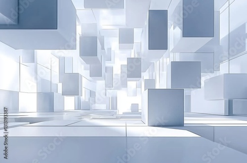 Illuminated Abstract Cube Landscape with Soft Shadows in a Serene White Environment